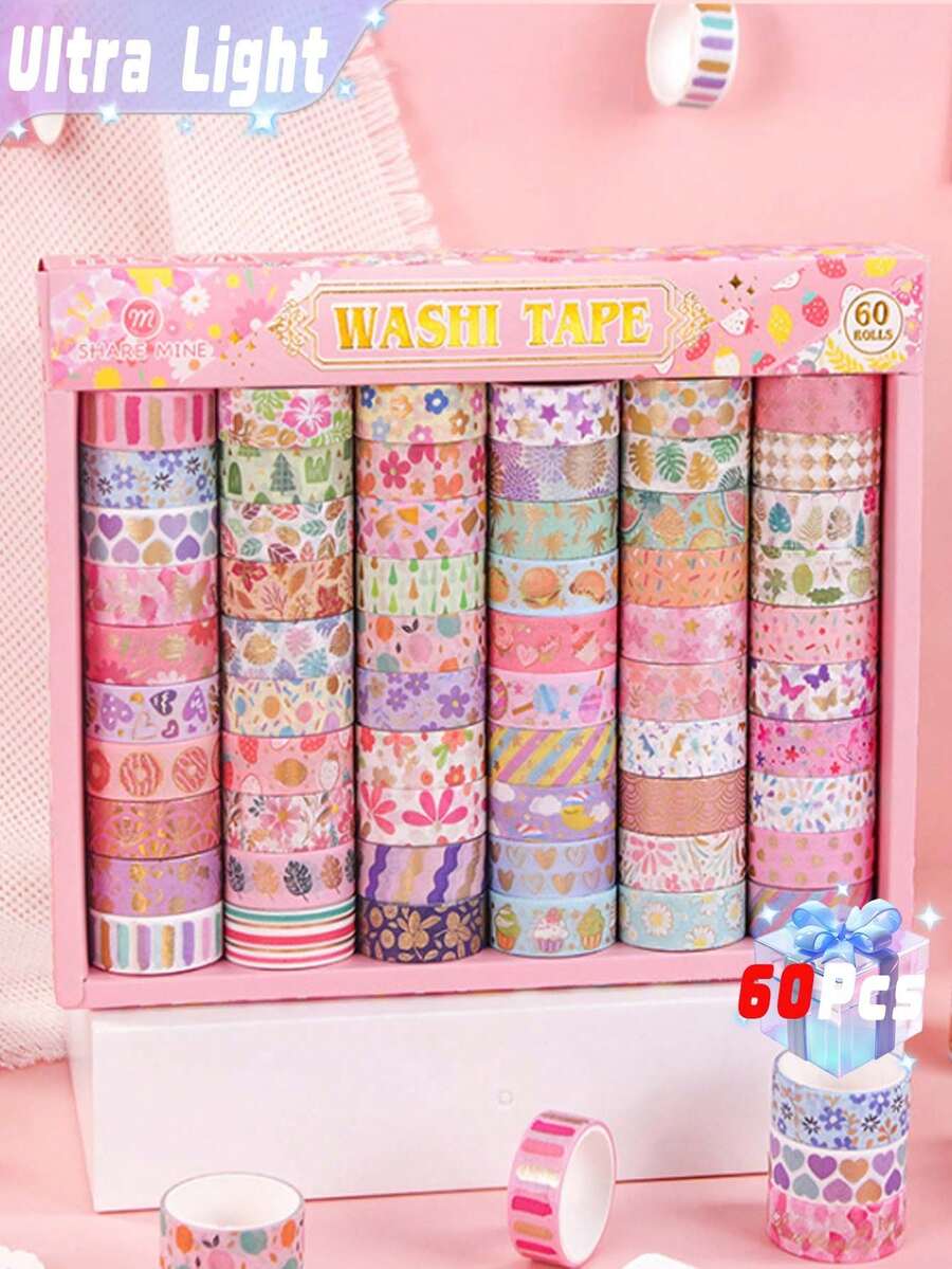 New 60 Roll Hot Stamping And Paper Tape Set For Hand Account Book, Retro DIY Hand Account Material Decoration Sticker Gift Box, Cute Hand Account Book For Girls, Birthday Gift For Girls, Commemorative Gift - color - View 1