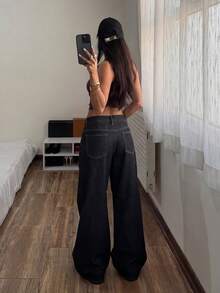 Muchica Women's Pocket Button Casual Versatile Daily Wear Wide Leg Jeans - Black - View 2