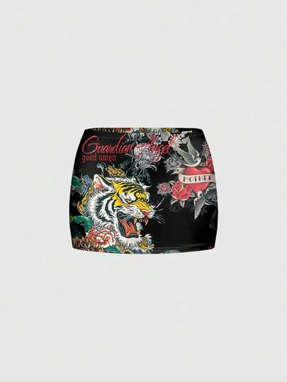 ROMWE Avant 新款中国风暗黑系坏女孩虎玫瑰标语紧身超低腰迷你裙