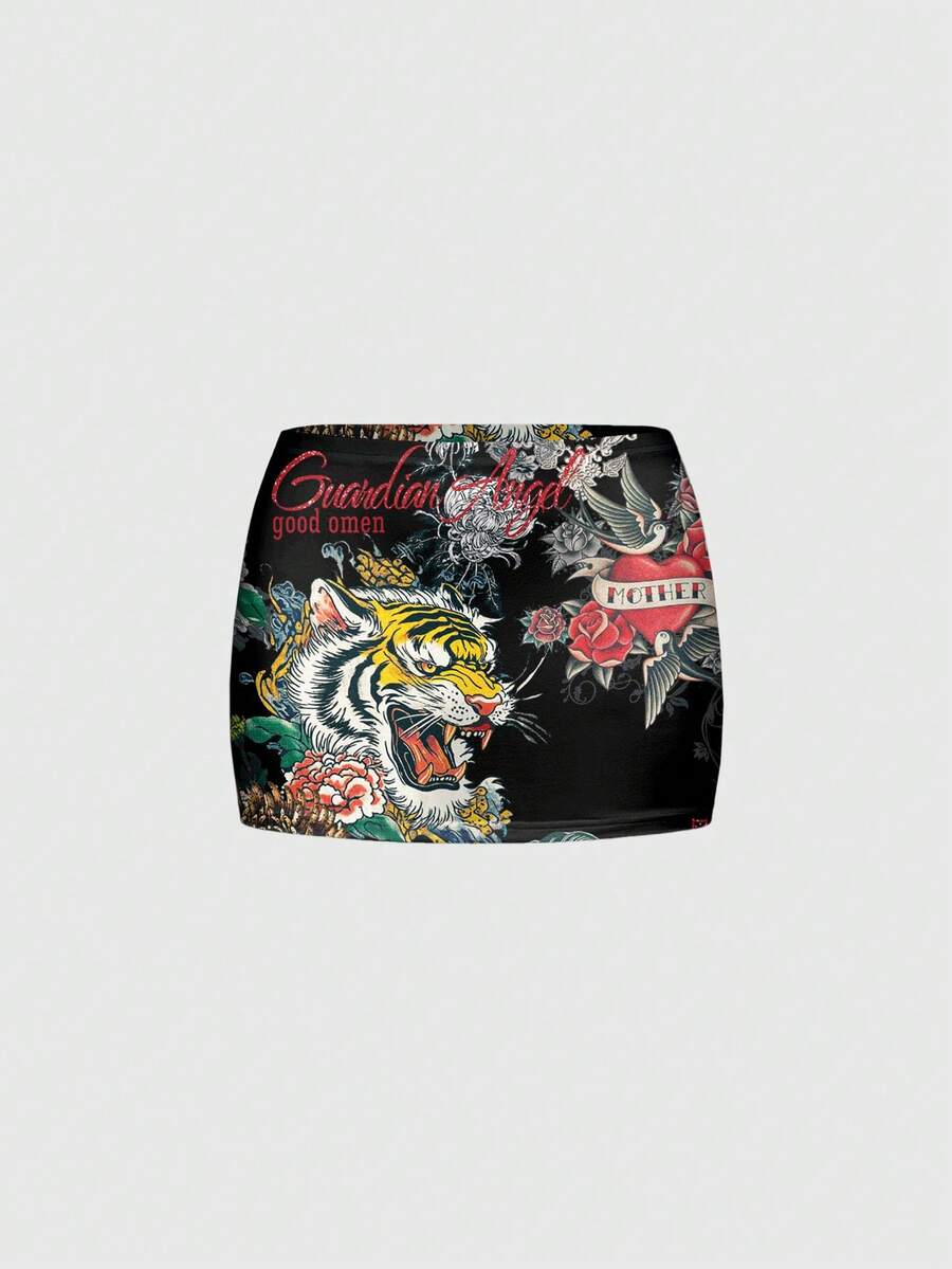 ROMWE Avant 新款中国风暗黑系坏女孩虎玫瑰标语紧身超低腰迷你裙 - 黑色 - 查看 1