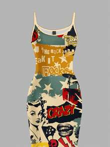 Slaydiva 大码女式字母和图案印花修身吊带连衣裙，休闲女式连衣裙，摇滚风连衣裙，图案连衣裙，紧身连衣裙，海报连衣裙，女装连衣裙，纽约迷彩女式连衣裙，女士连衣裙 - 彩色 - 查看 9