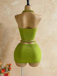 Soleia Women's Vacation Beach Solid Color Twist Back Halter Top And Mini Skirt 2 Pieces Set - Green - View 2
