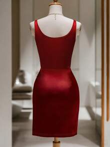 Franclia 酒红色缎面吊带连衣裙，收腰设计，开衩，优雅风格派对礼服，约会装，生日礼物 - 酒紅色 - 查看 2