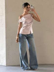 Bluhae 新款缎面不对称领时尚百搭女式衬衫 - 淺粉色 - 查看 5