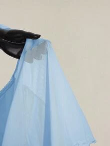 SHEIN ICON 大尺碼女款前褶皺修身性感網紗拼接荷葉袖露背休閒度假短版背心上衣，秋季開學季 - 藍色 - 查看 10