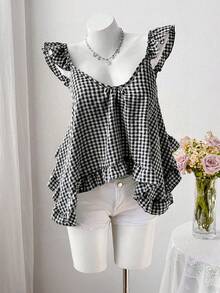Sweetra Summer New Pink Plaid Asymmetrical Ruffle Design Fashionable Sleeveless Camisole - Black - View 3