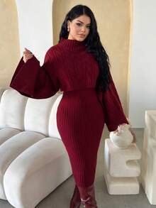 Dayanna Comas 2 件套女式休闲针织毛衣上衣和长裙套装，宽松高领长袖短款上衣和裙子，秋冬 - 紅色 - 查看 6