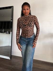 Tyla Gomez 豹紋印花網紗上衣不附胸罩 - 棕色 - 查看 1