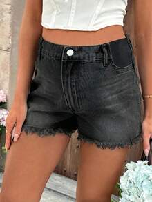 SHEIN Maternity Frayed Hem Casual Denim Shorts With Belt Loop, Summer - Black - View 5