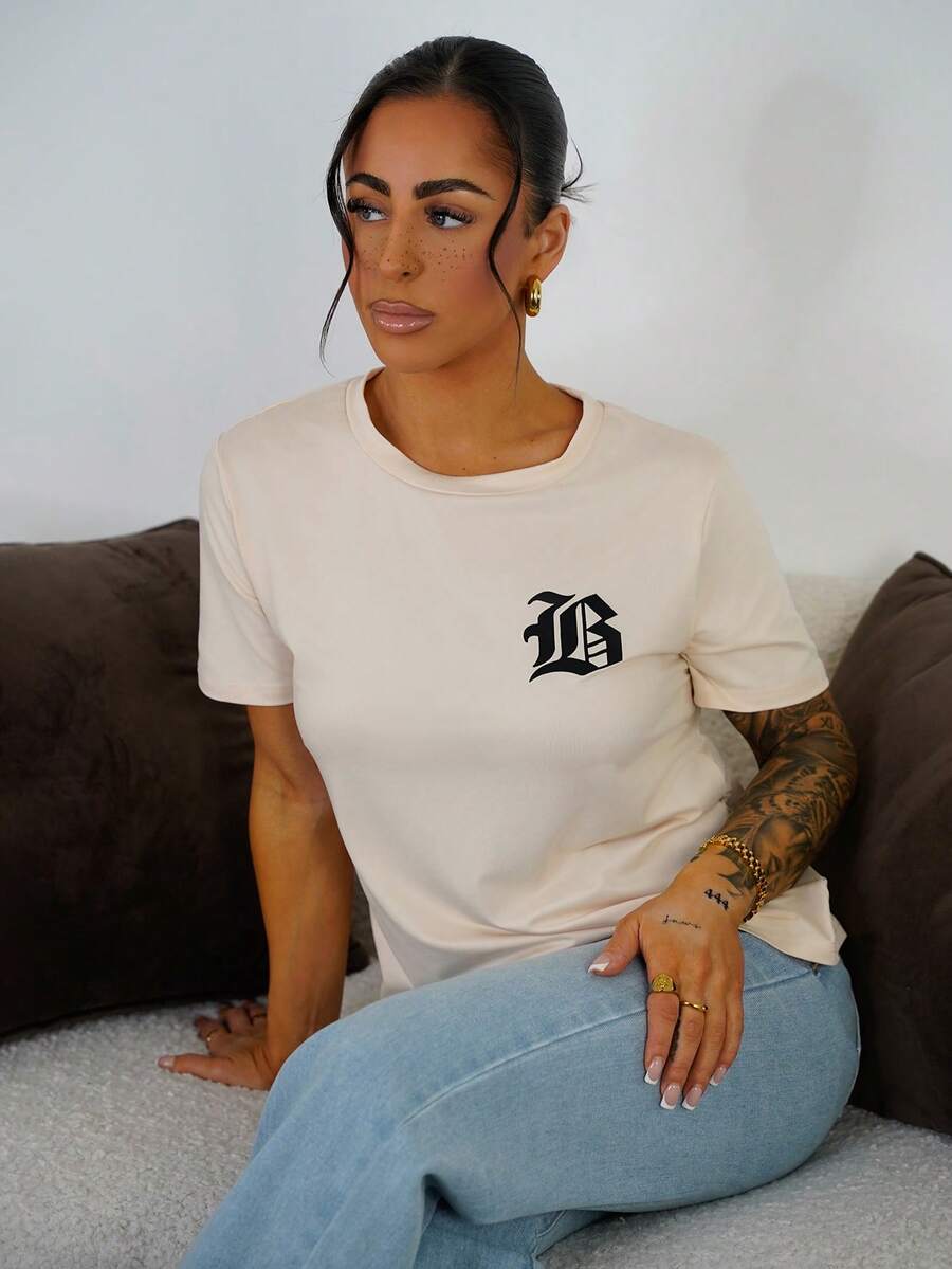 SAYEHFBABY 女式修身休闲短袖T恤图案T恤女式上衣 - 杏色 - 查看 1