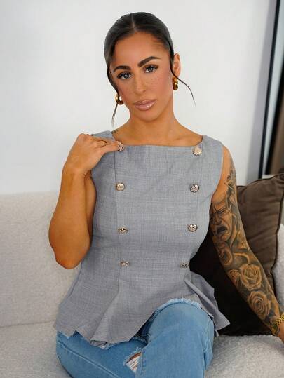 SAYEHFBABY Camisa sin mangas de moda para mujer con botones decorativos, para el verano