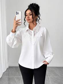 Elenzga Plus Size Women's Solid Color Contrast Lace Long Sleeve Single-Breasted Shirt Teachers' Day Semi Formal White Autumn Elegant - White - View 4