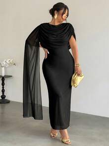 Firerie Gaun Malam Formal Hitam Elegan Ukuran Plus untuk Wanita, Gaun Chiffon Leher Berkerut Musim Gugur, Pakaian Nyaman untuk Perjalanan Kantor & Liburan - Hitam - View 5