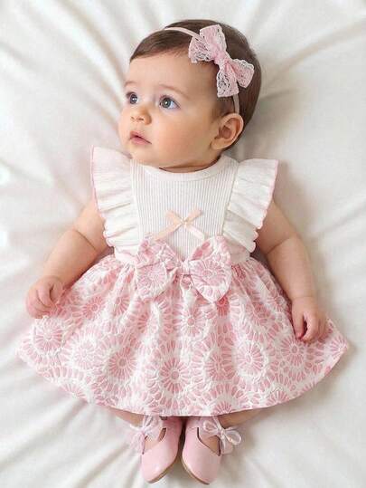 Vestido de bebé recién nacida sin mangas con cuello de encaje, parches rosas y lazo, nuevo, elegante, retro y lindo, de tela cómoda