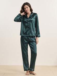 Moireta Button Front Lapel Collar Top & Pants Satin PJ Set / Pajama Set, Fall Winter Clothes Cozy And Elegant Details - Dark Green - View 5