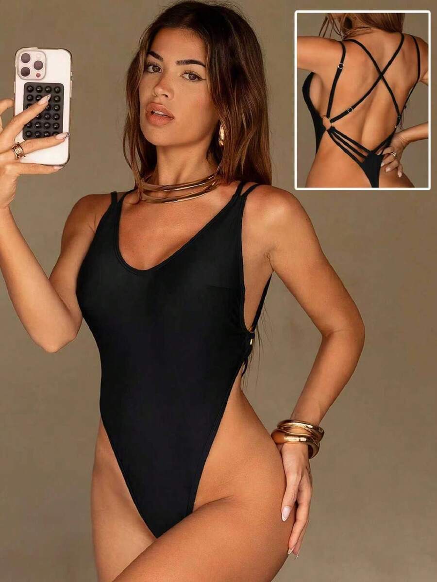 Swim SXY Costume da bagno intero da donna, sexy costume da bagno nero con schiena scoperta, regolabile con spalline a spaghetti e perizoma, adatto per spiaggia e nuoto in primavera/estate - nero - Visualizzare 1
