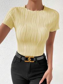 Chiquease Summer Casual Solid Color Textured Slim Fit T-Shirt - Yellow - View 5