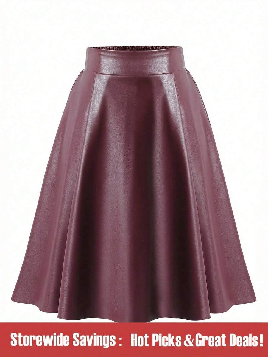 SHEIN Tween Girls PU Mid-Length Skirt For Autumn And Winter, Fashionable And Elegant Commuting Skirt - Burgundy - View 1