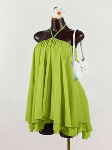 SaltGleam SaltGleam 女士雪纺层叠荷叶边无袖迷你连衣裙 - 綠色 - 查看 4