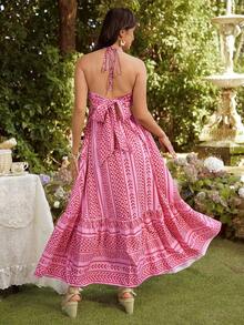 SHEIN Maternity Vacation Geometric Pattern Casual Halter Dress - Multicolor - View 2