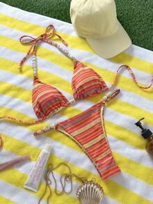 Bonvoyette 2026春夏吊带串珠抽绳彩色线条装饰挂脖比基尼泳衣两件套女式比基尼套装假日夏季节日派对服装沙滩装 - 彩色 - 查看 3