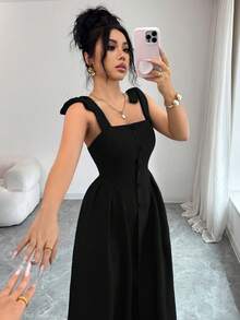 Elenzga 新款系带肩部纹理双色编织中长连衣裙，青春优雅百搭的办公服饰 - 黑色 - 查看 6