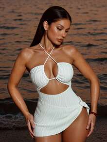 Swim SXY Conjunto De Traje De Baño De Una Sola Pieza De Color Sólido Con Cubierta - 2 Piezas - Blanco - Ver 2