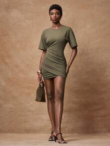Zivah Women's Olive Green Summer Casual Date Ruched Mini Dress,Round Neck Short Sleeve Minimalist College Style Street Fashion Music Festival Talk Dress - Army Green - View 7