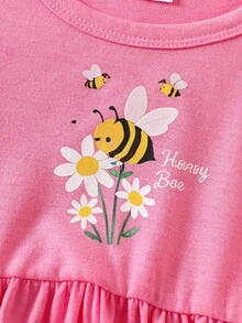 SHEIN Playful Pals 女婴卡通蜜蜂印花圆领短袖休闲连衣裙 - 彩色 - 查看 4