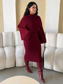 Dayanna Comas 2 件套女式休闲针织毛衣上衣和长裙套装，宽松高领长袖短款上衣和裙子，秋冬 - 紅色 - 查看 4