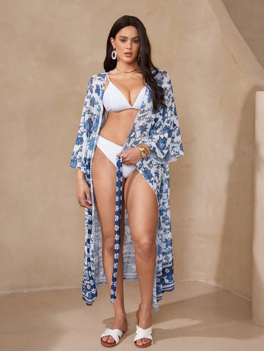 Swim Lushoire 2026 New Plus Size Women Long Floral Print Beach Kimono - Blue - View 1
