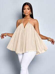 SOLERSUN Áo tank top hai dây xếp lớp, cổ chữ V sâu, chất liệu lấp lánh, chất liệu vải cao cấp dành cho nữ. - Màu be - Xem 7