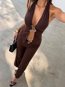 Bluhae Women's Metal Decor Slit Design Sexy Halter Top And Pants 2 Pieces Set - Coffee Brown - View 4