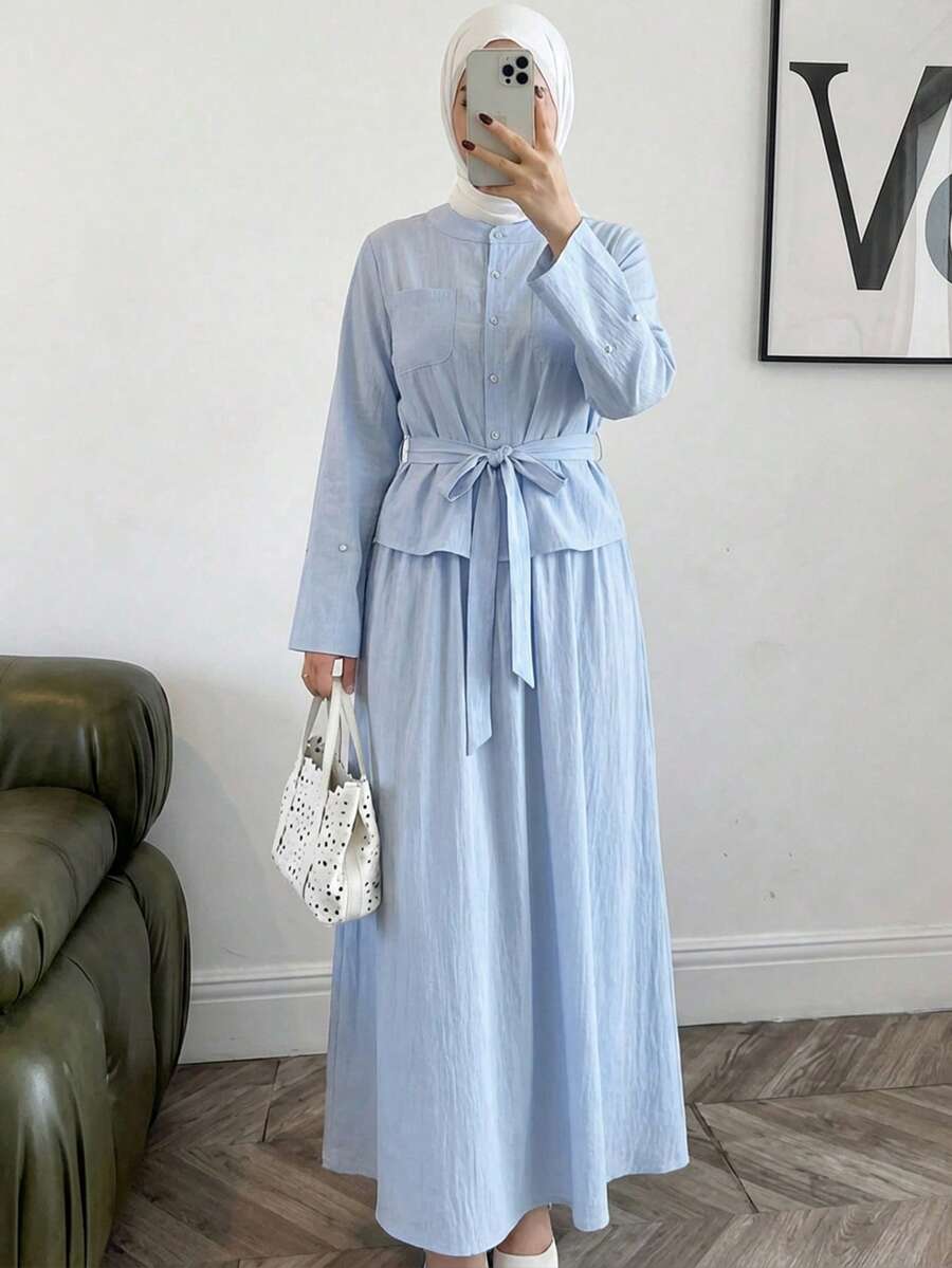 Mulvari 女士纯色单排扣打结上衣和半裙两件套，时尚约会之选 - 藍色 - 查看 1