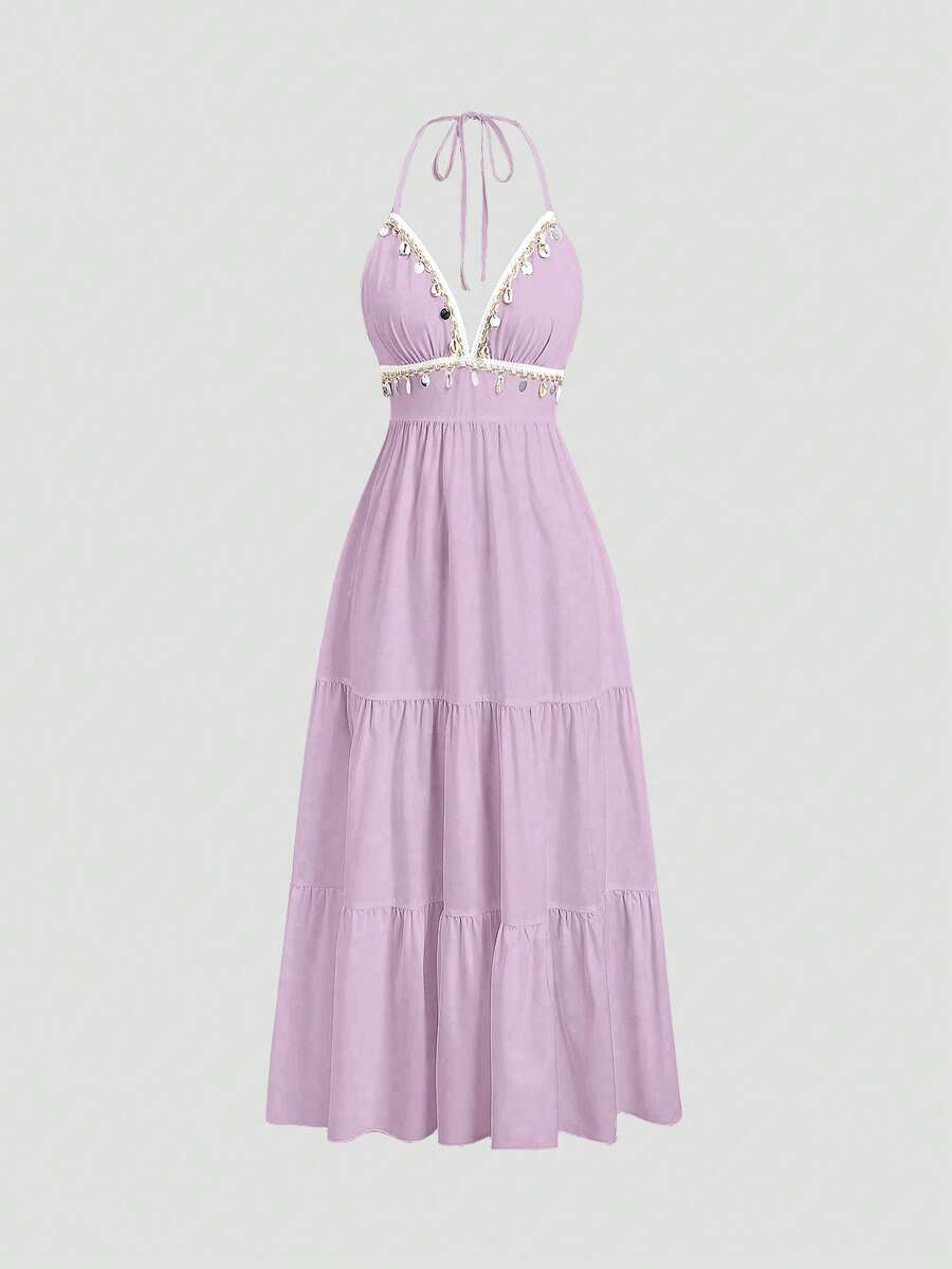 Sweetra Embroidered Lace-Up Waist Midi Dress - Purple - View 1