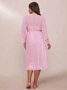 SHEIN BAE Set de 2 piezas de bata y camisón de pijama con parches de encaje de lujo, talla grande - Rosa - Ver 2