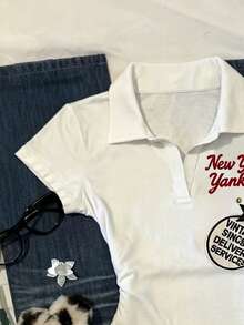 Glimmora 女士字母五角星印花 Polo 领短袖 T 恤 - 白色 - 查看 4