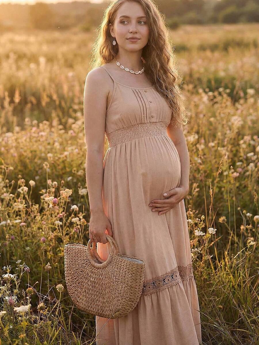Boho Mama Pregnant Women's Ruched Waist Elegant Round Neck Casual Dress For Vacation & Daily Wear - Khaki - View 1