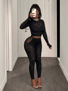 BamGleam 女士性感露脐网纱上衣和弹力紧身裤套装 - 黑色 - 查看 3