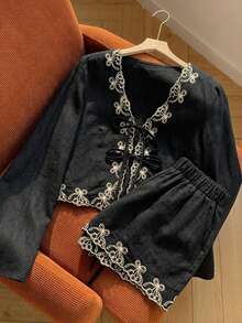 Comfortcana 女士波西米亚风腰果印花系带衬衫和短裤黑色两件套 - 黑色 - 查看 7