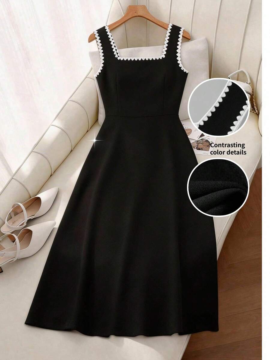 Ellevyn Contrast Trim Square Neck A-Line Waist Elegant Romantic Vacation Dress - Black - View 1