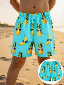 SHEIN Quần short rộng rãi, thoải mái in hình quả dứa dành cho bé trai tuổi teen, thích hợp cho lướt sóng, trượt ván, mùa xuân/hè, hoạt động ngoài trời, bãi biển, bơi lội, màu xanh lá cây. - Nhiều màu - Xem 2