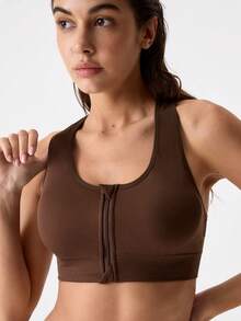 Loungeista EMUPER 1件式拉鍊運動內衣，可拆式胸墊無縫彈性運動服，適合夏季 - 咖啡 - 查看 6