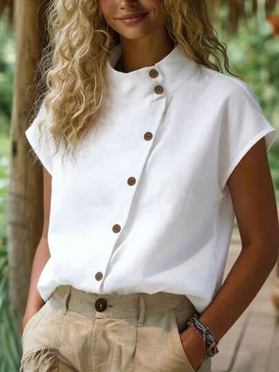 Zayélia Camisa de mujer con cuello alto en unicolor, top de manga corta