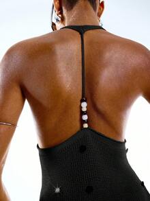LYSMO Top de punto con escote halter y espalda descubierta hecho a mano con cuentas - Negro - Ver 2