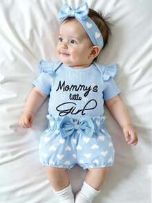 SHEIN Playful Pals Set de 3 piezas para bebé y niño pequeño: Mono casual con cuello redondo, mangas acampanadas y bordado, pantalones y diadema con moño, para primavera/otoño - Celeste - Ver 5