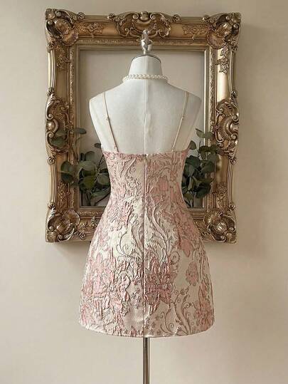 Lovelzi Vestido de línea A con decoración de cuentas de resina y tela de jacquard rosa, elegante, romántico y de moda. Vestido elegante para fiesta, invitada de boda, vestido rosa, vestido para despedida de soltera, vestido de graduación, vestido de cóctel.