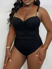 Swim Lushoire 2026 Nouveau maillot de bain une pièce de grande taille à bretelles larges de couleur unie, convient pour les vacances à la plage au printemps/été - Noir - Voir 3