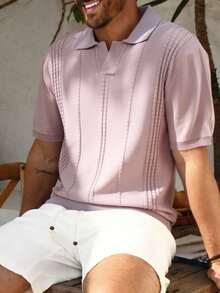 Manfinity Homme 男士纯色休闲百搭日常针织短袖上衣 - 粉色 - 查看 4