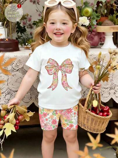 Mädchen Ditsy Blumen Fliege 2-teiliges Set, Sommer Casual Outfit, Blumen Fliege Kurzarm Top + bedruckte Leggings Shorts, süßer Stil, vielseitige Frühling/Sommer Kinderkleidung